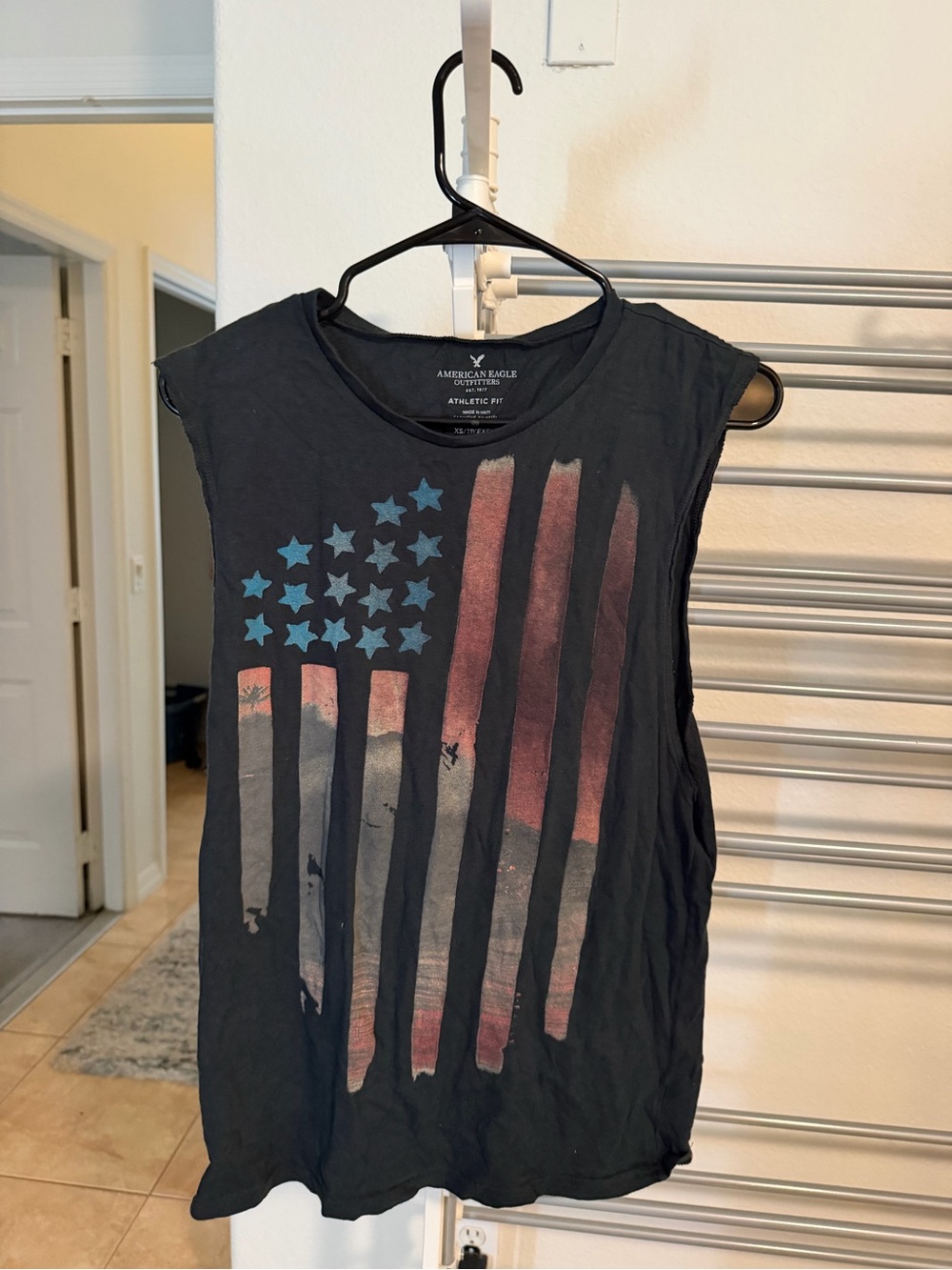 American Eagle Outfitters Black Muscle Tee with Red and Blue Flag Graphic